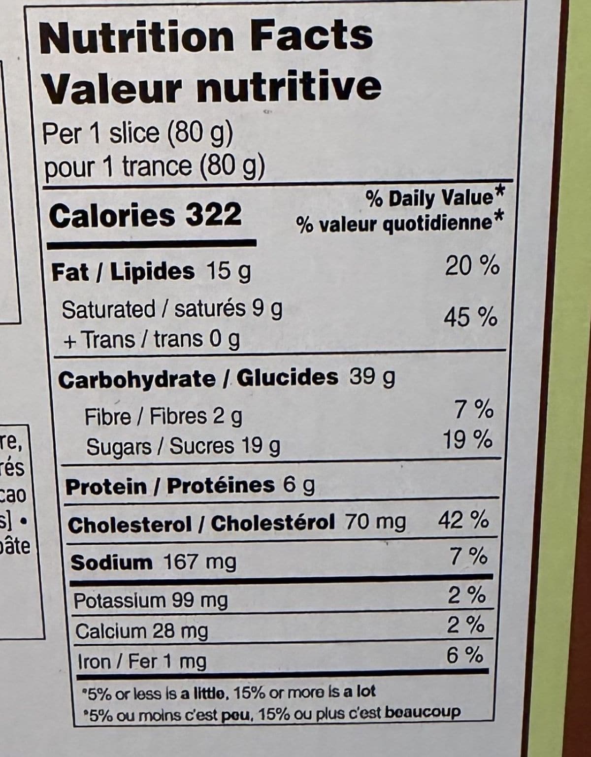 Image of the nutrition facts for the panettone. 
