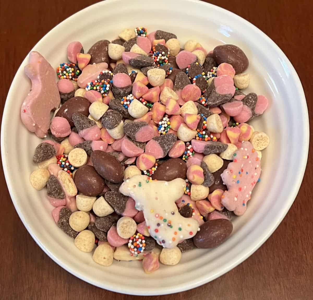 Top down image of a bowl of the birthday cake mix.