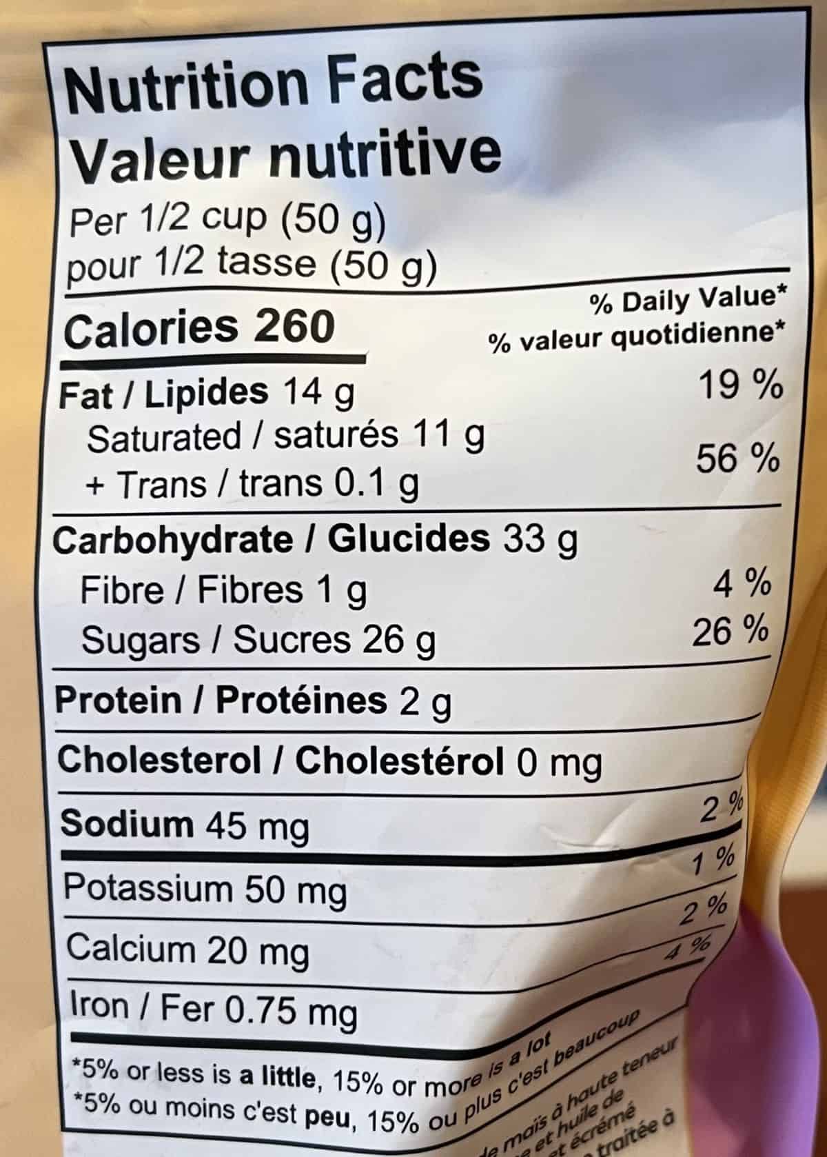 Image of the nutrition facts from the back of the package.