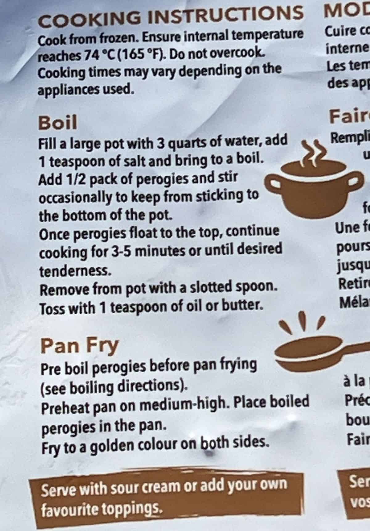 Image of the cooking instructions from the back of the bag.