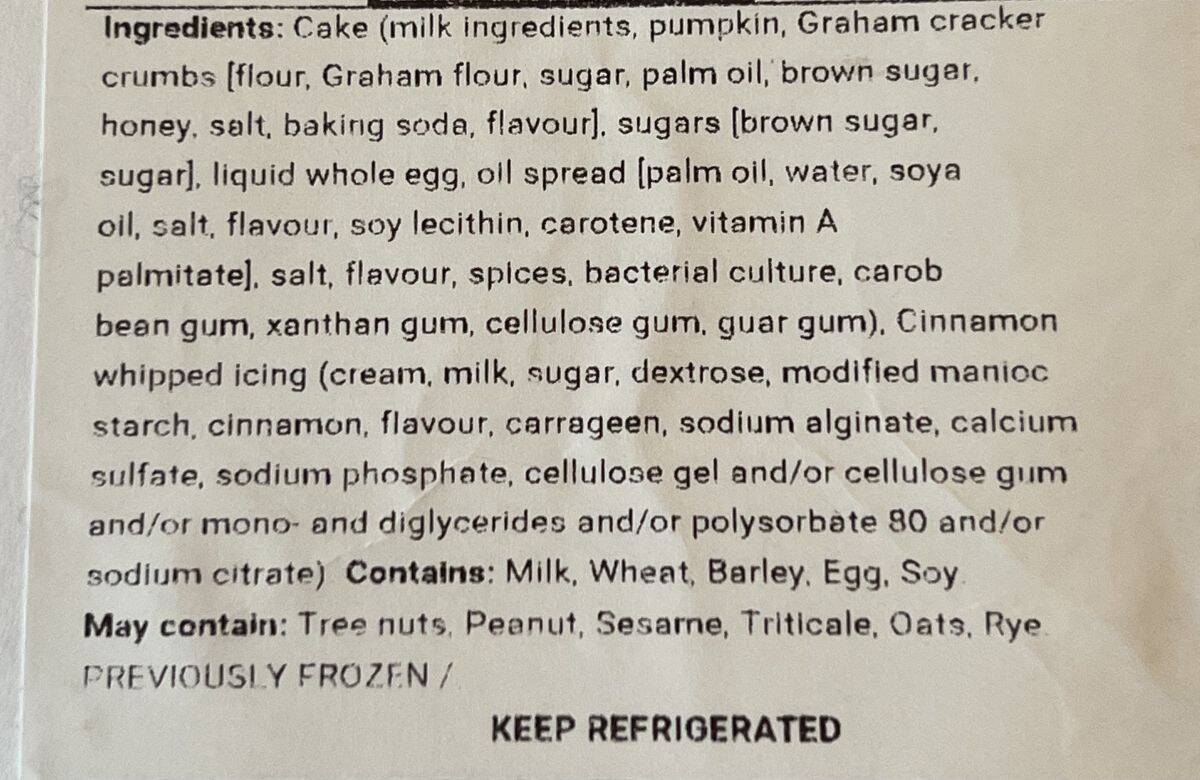 Image of the ingredients for the pumpkin cheesecake from the back of the package.