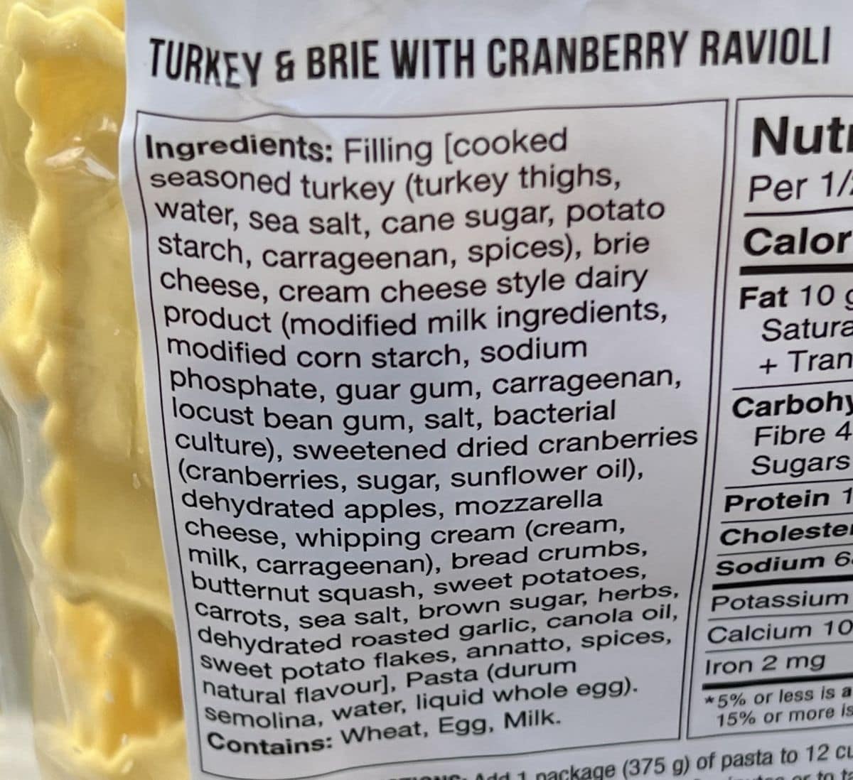 Image of the ingredients for the ravioli from the package.