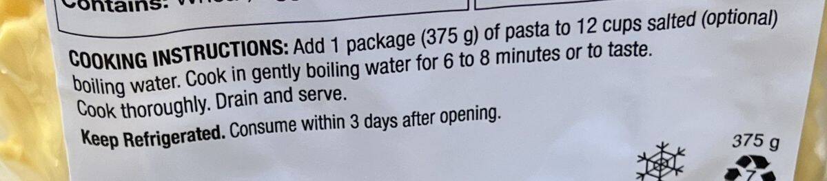 Image of the cooking instructions for the ravioli from the package. 