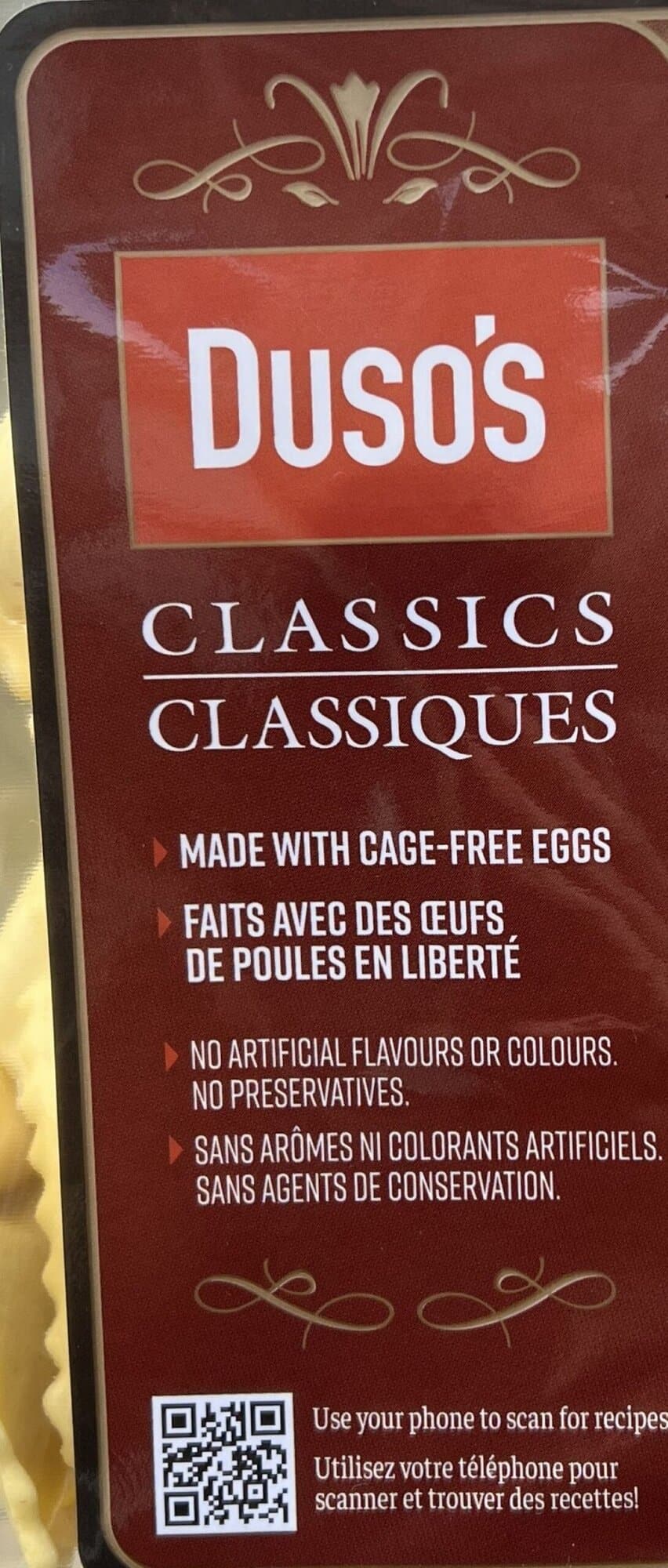 Image of the product description of the ravioli from the front of the package.