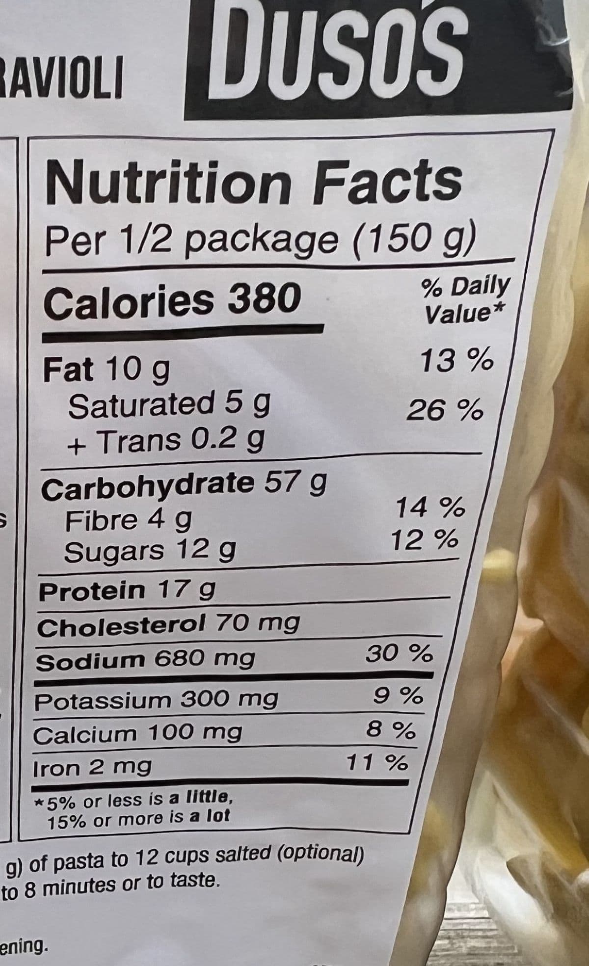 Image of the nutrition facts for the ravioli from the package. 