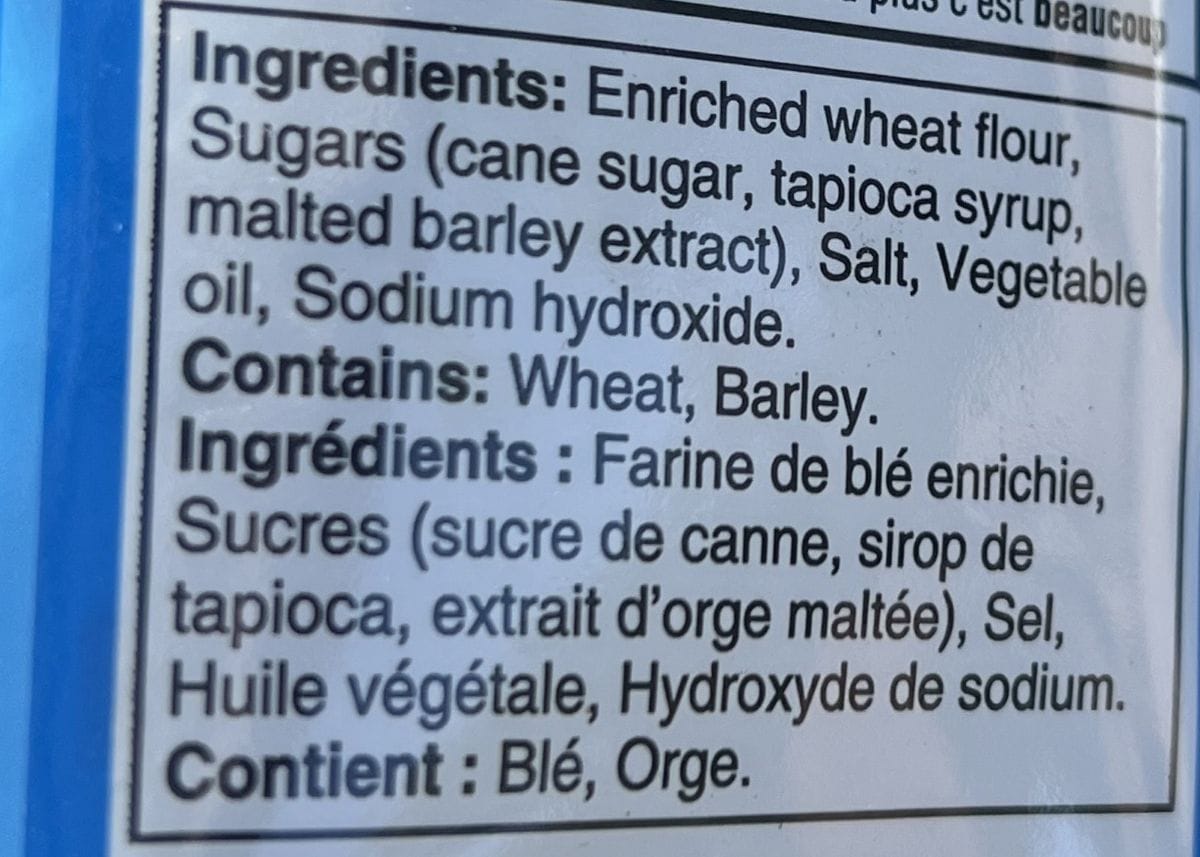 Image of the ingredients for the pretzel crisps from the back of the bag. 