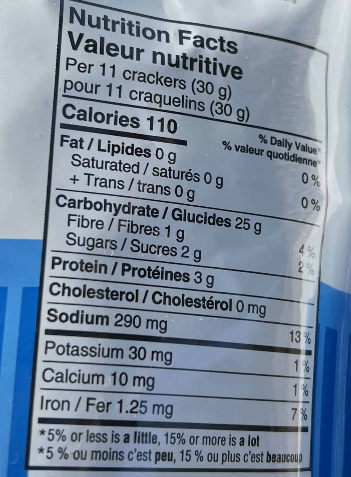 Image of the nutrition facts for the pretzel crisps from the back of the bag. 