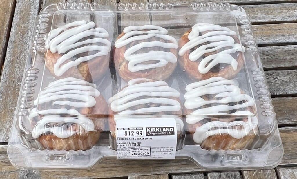 Image of the Costco Kirkland Signature Cookies & Cream Swirl Danish sitting on a table unopened.