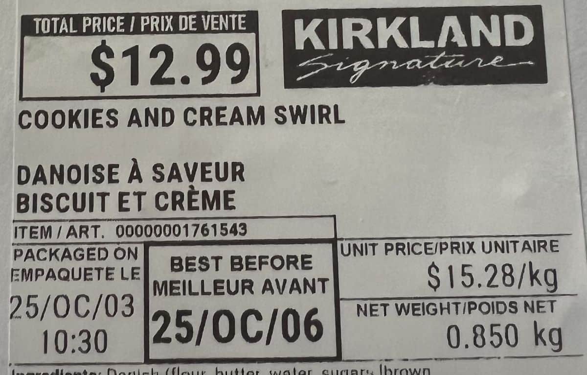 Closeup image of the cookies & cream swirl label from the container showing cost and best before date. 