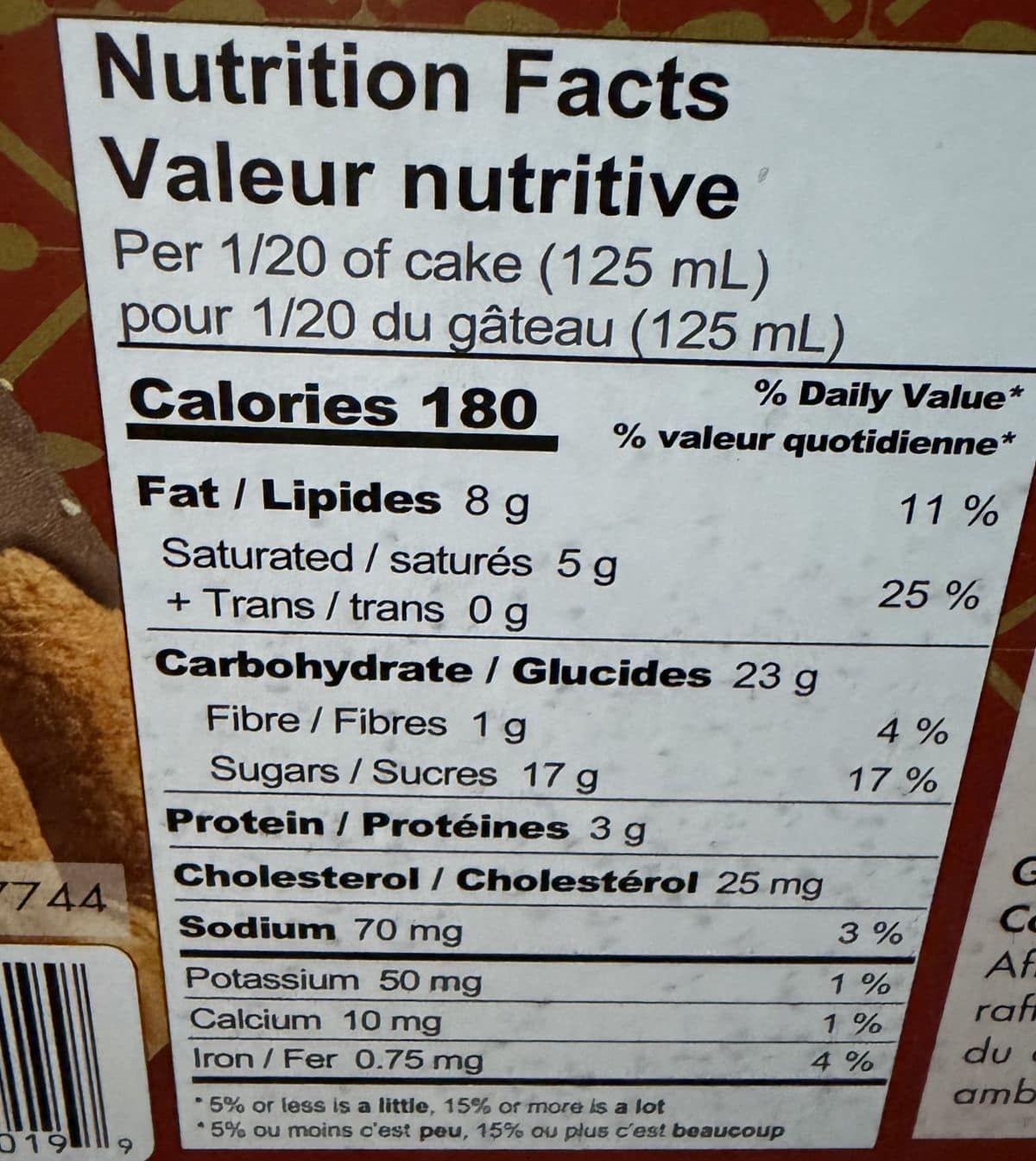 Image of the nutrition facts for the dessert from the back of the box.