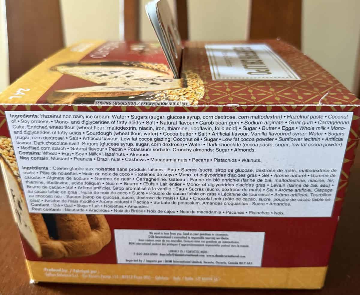 Image of the ingredients for the dessert from the back of the box.