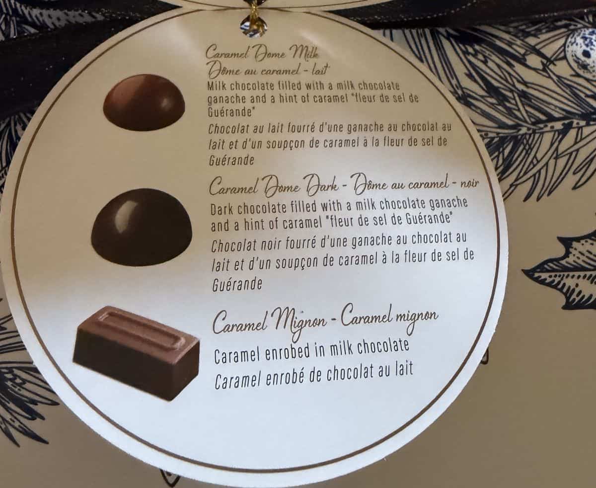 Image of the product description for the Caramel Dome Milk, Caramel Dome Dark and Caramel Mignon chocolates.