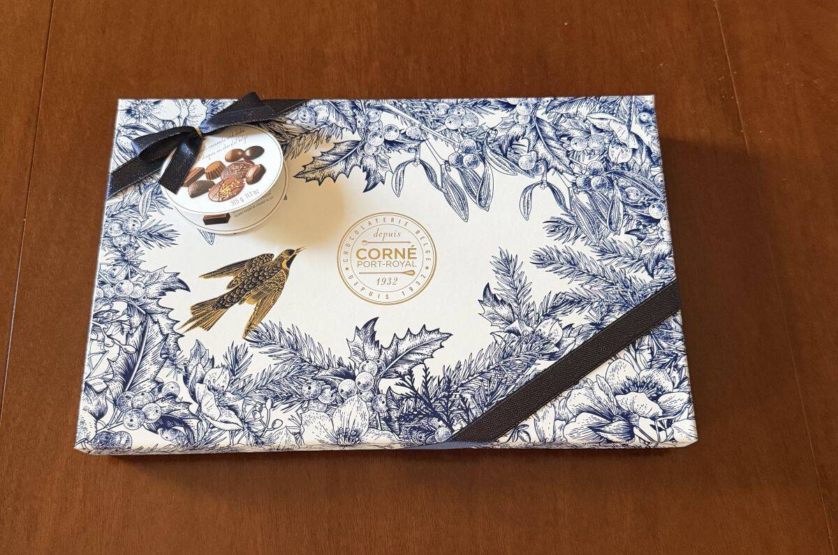 Image of the Costco Corné Port-Royal Chocolates box sitting on a table unopened.