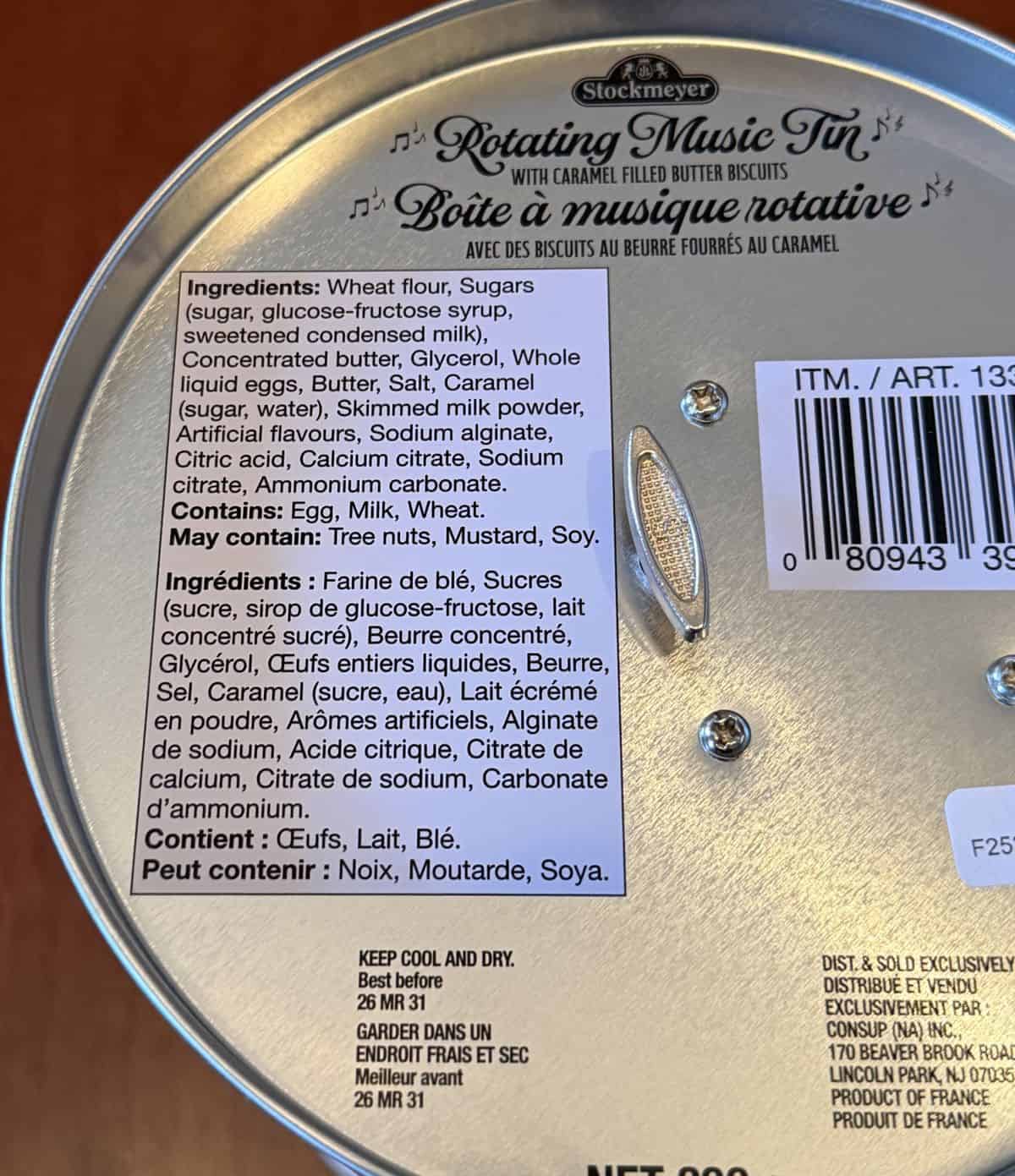 Image of the ingredients list for the cookies from the bottom of the tin.