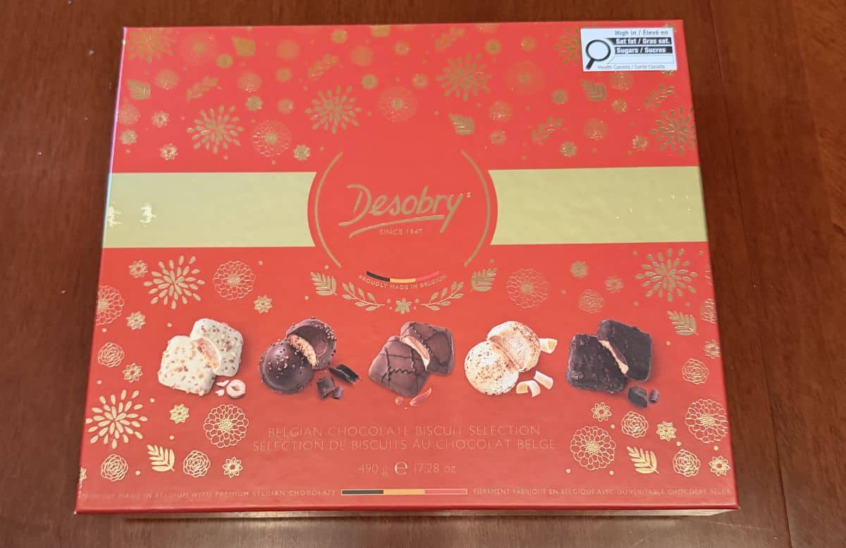 Image of the unopened box of Costco Desobry Belgian Chocolate Biscuit Selection sitting on a table.