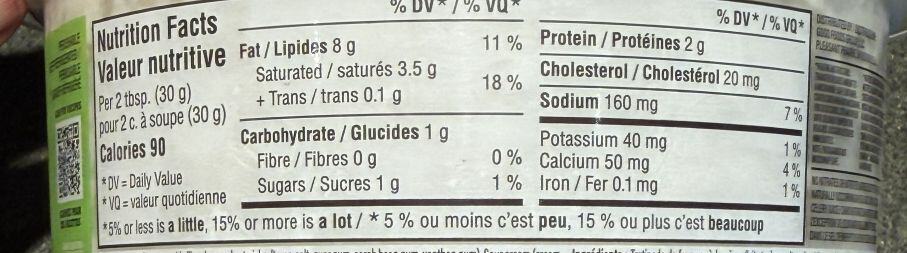 Image of the nutrition facts for the dip from the back of the container.