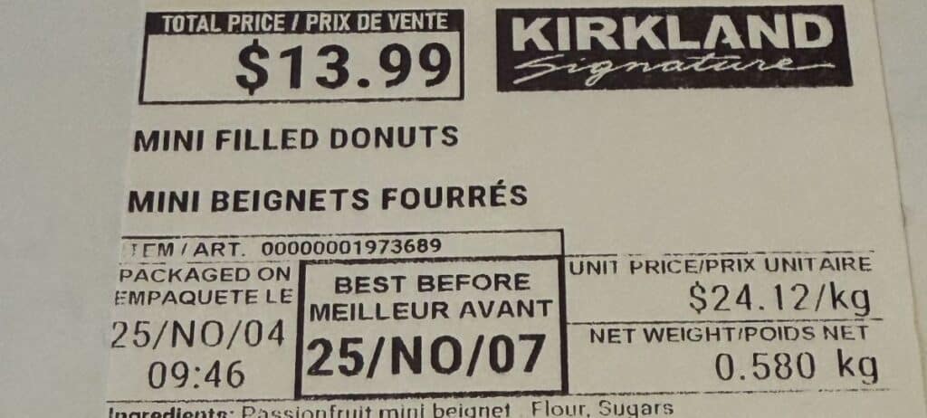 Image of the label on the mini filled donuts showing cost and expiry date. 