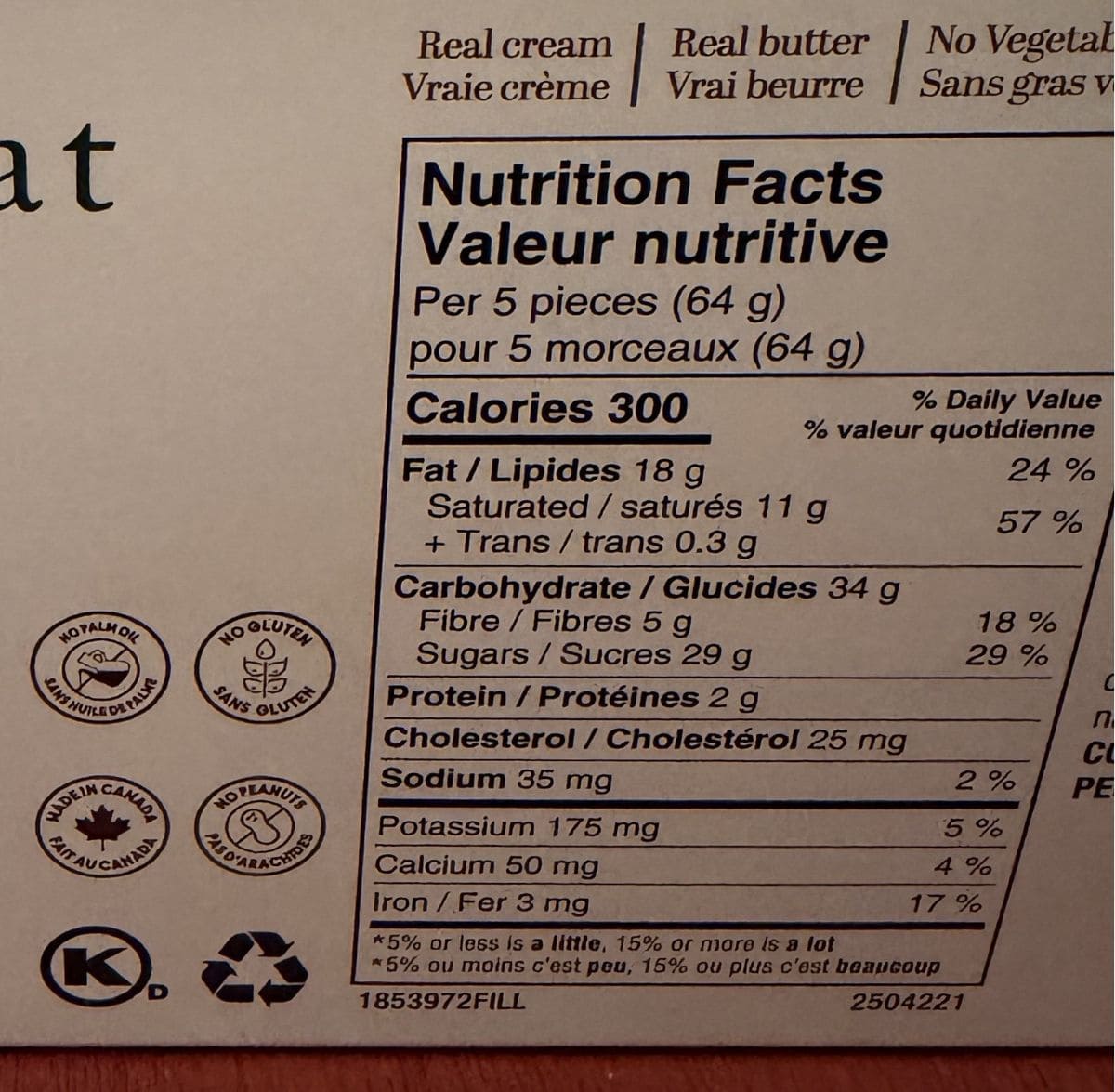 Image of the nutrition facts for the chocolates. 