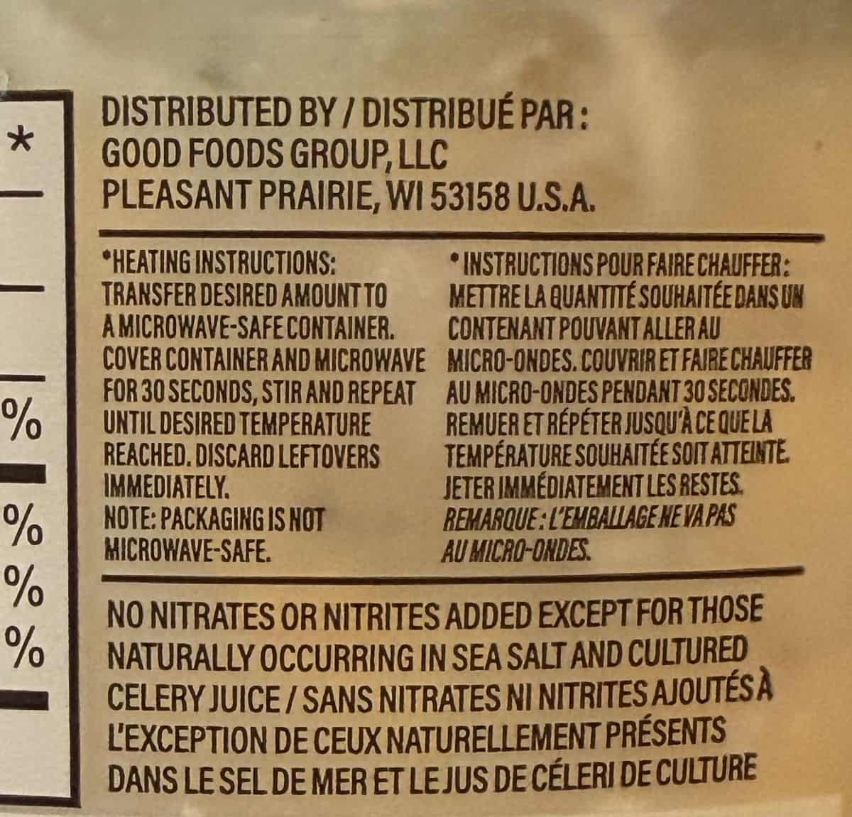 Image of the heating instructions for the dip from the back of the container.