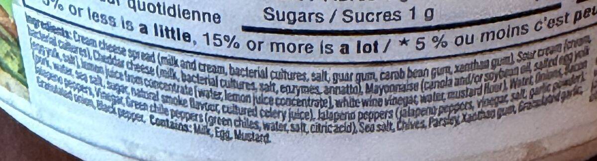 Image of the ingredients for the dip from the back of the container.