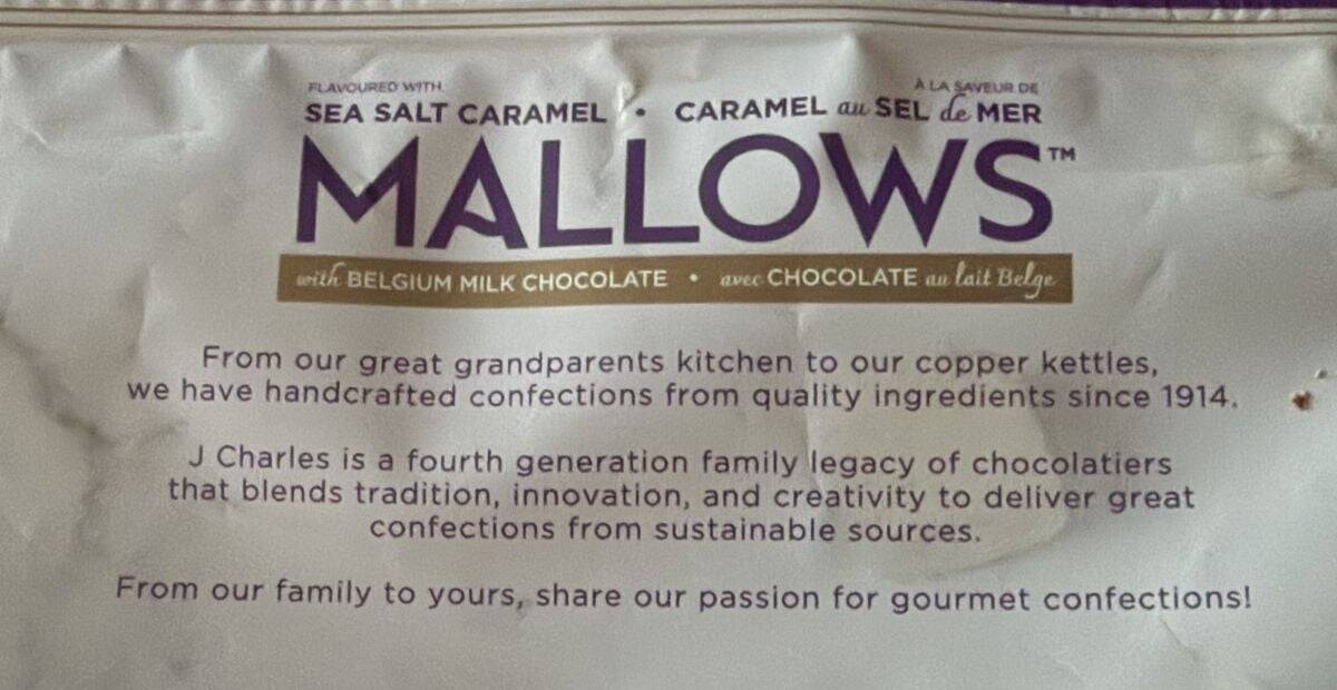 Image of the product description for the Mallows from the back of the bag.