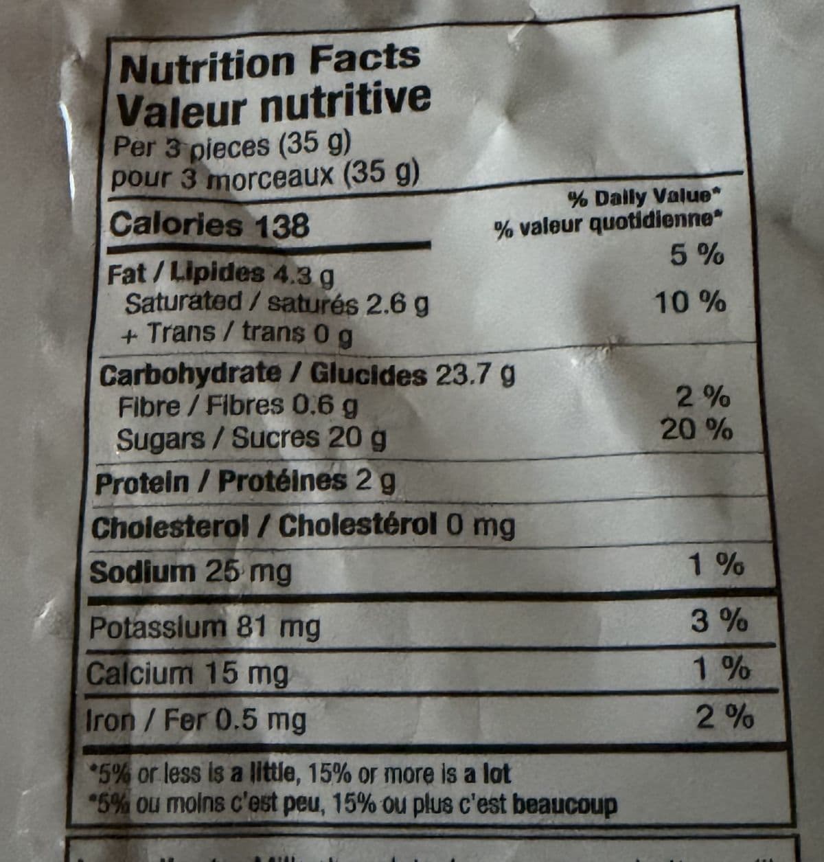 Image of the nutrition facts from the back of the package.