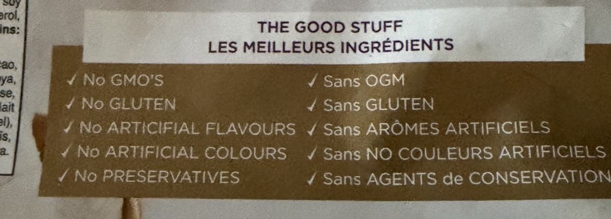 Image of the packaging stating there are no GMO's, gluten, artificial flavors, colors or preservatives.