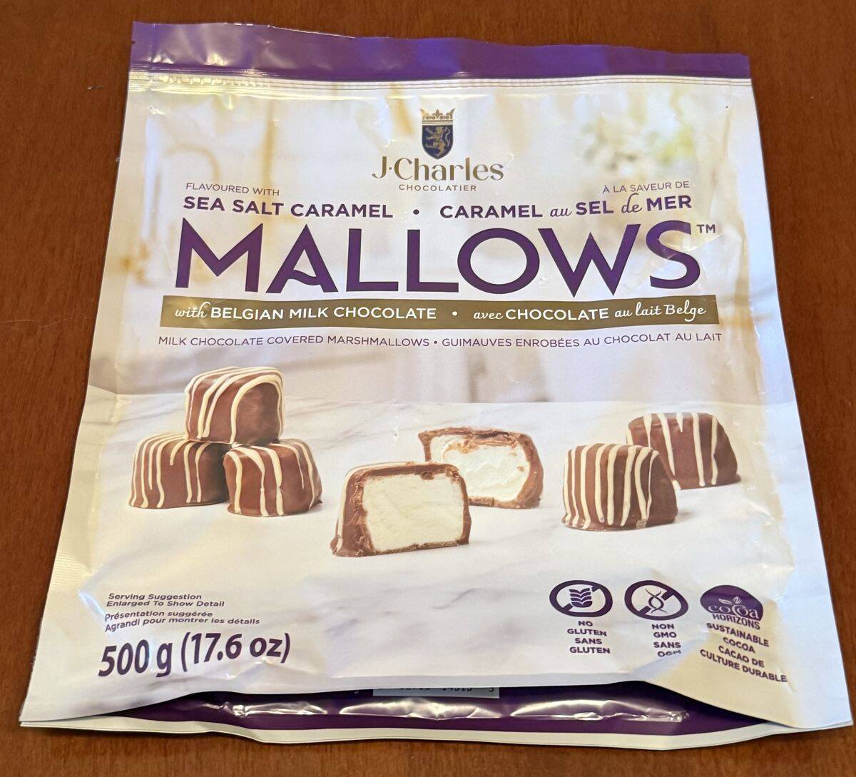 Image of the bag of mallows flattened on a top so you can see the size of the bag.