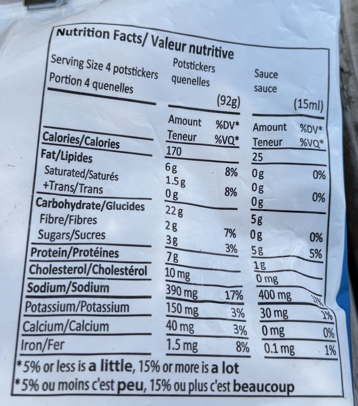 Image of the nutrition facts for the potstickers from the back of the bag.