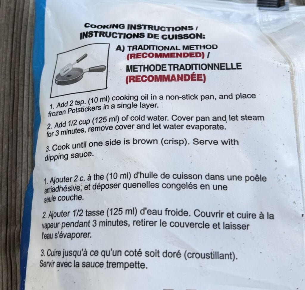 Image of the cooking instructions for the potstickers from the back of the bag.