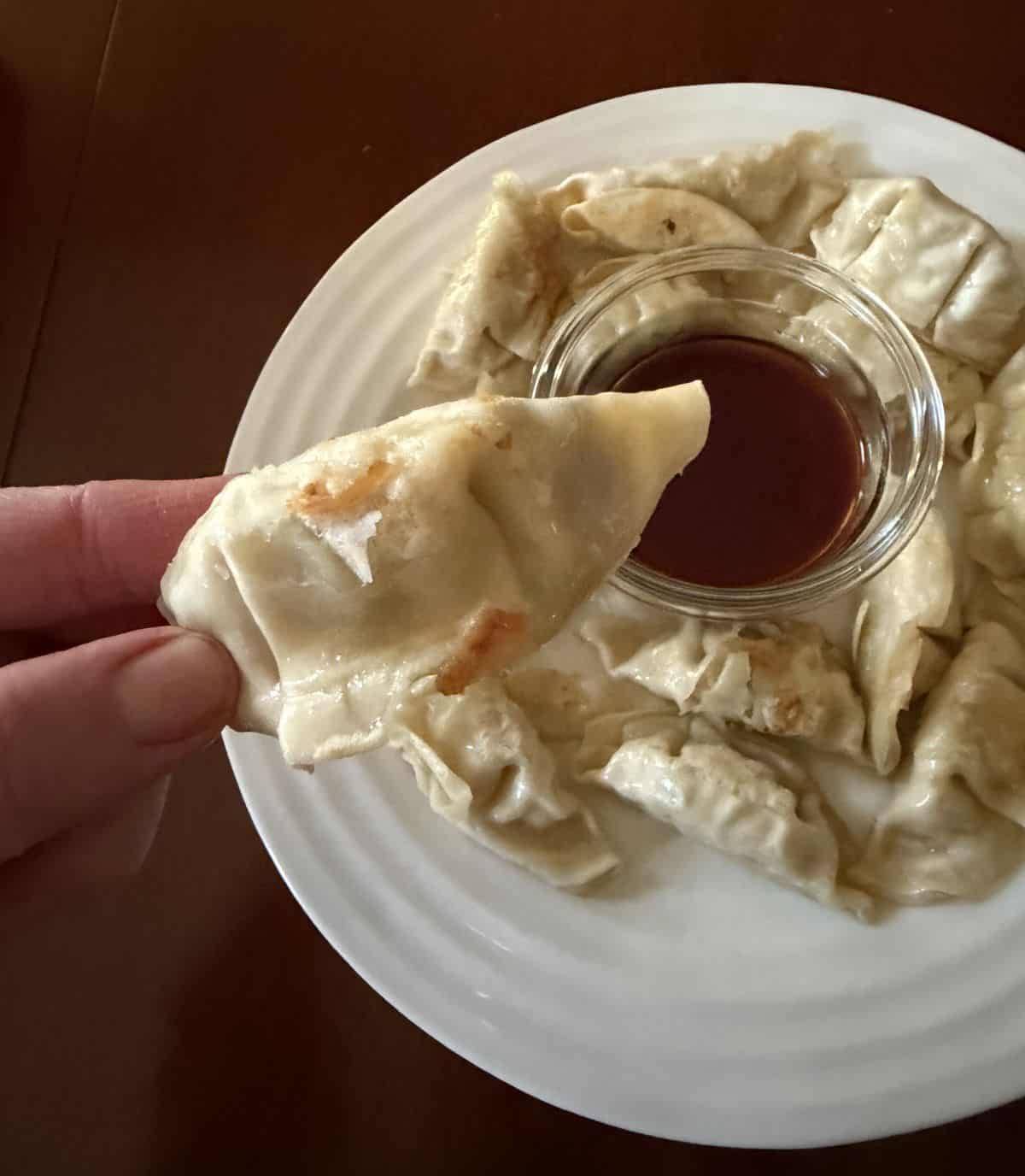 Image of a hand holding one potsticker, over a plate of potstickers with sauce in the middle.