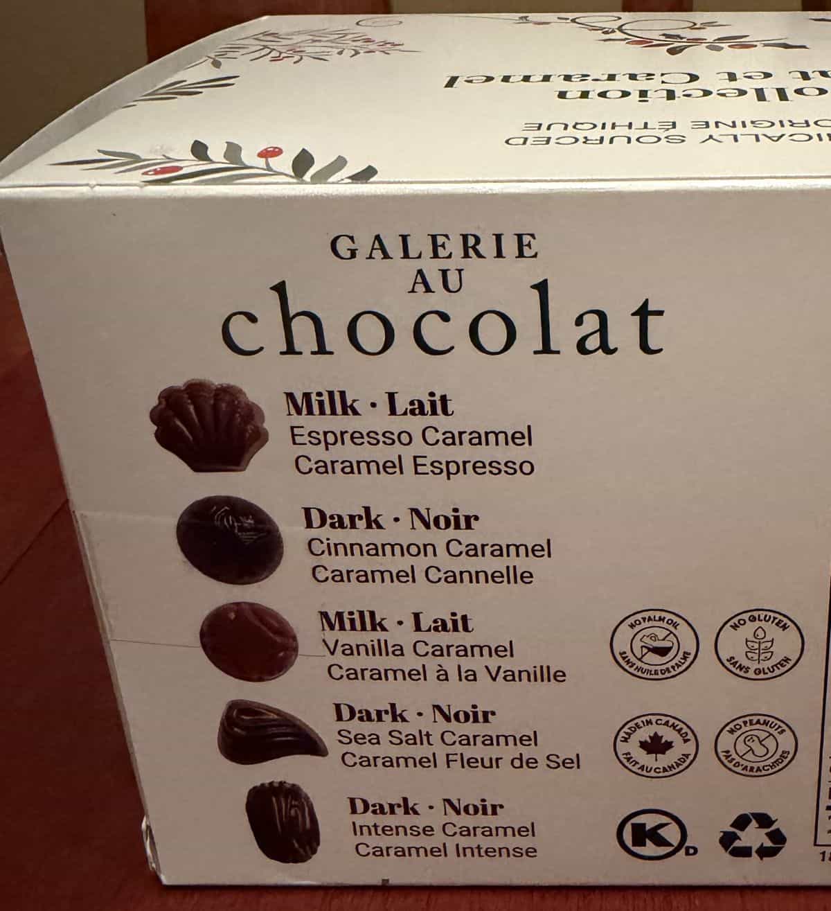 Image of the different kinds of chocolates and product description of chocolates from the box.