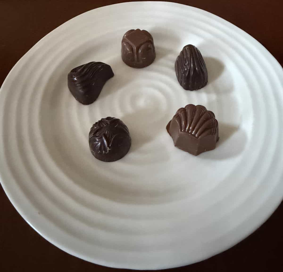Top down image of the five different kinds of chocolate caramels served on a white plate. 
