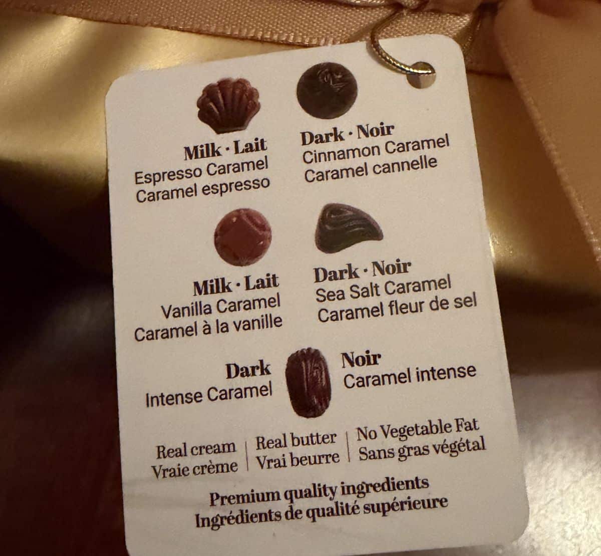 Image of the tag on chocolates that shows the five different kinds in the box.