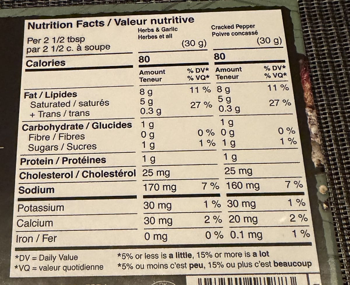 Image of the nutrition facts for the whipped dip from the back of the box.