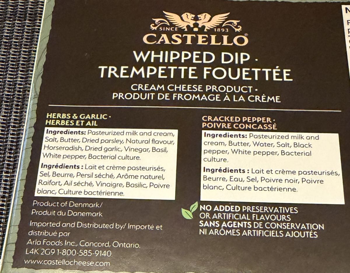 Image of the ingredients for whipped dip from the back of the box.