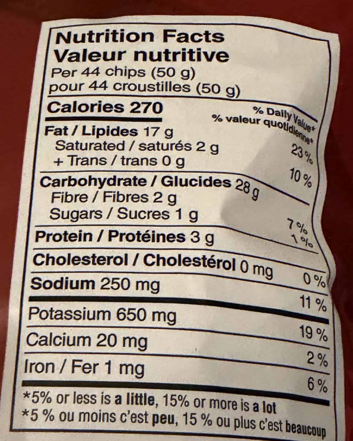 Image of the nutrition facts for the chips from the back of the bag. 