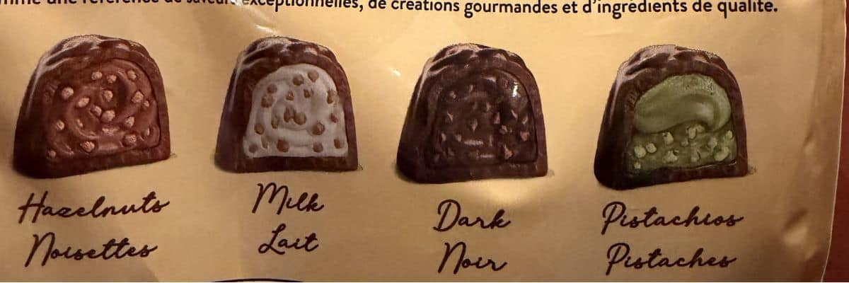 Image of a photo description from the bag of the four different kinds of truffles in the bag.