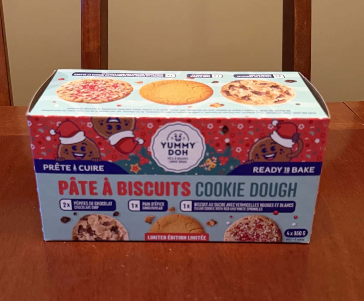 Image of the Costco Yummy Doh Cookie Dough box sitting on a table unopened.