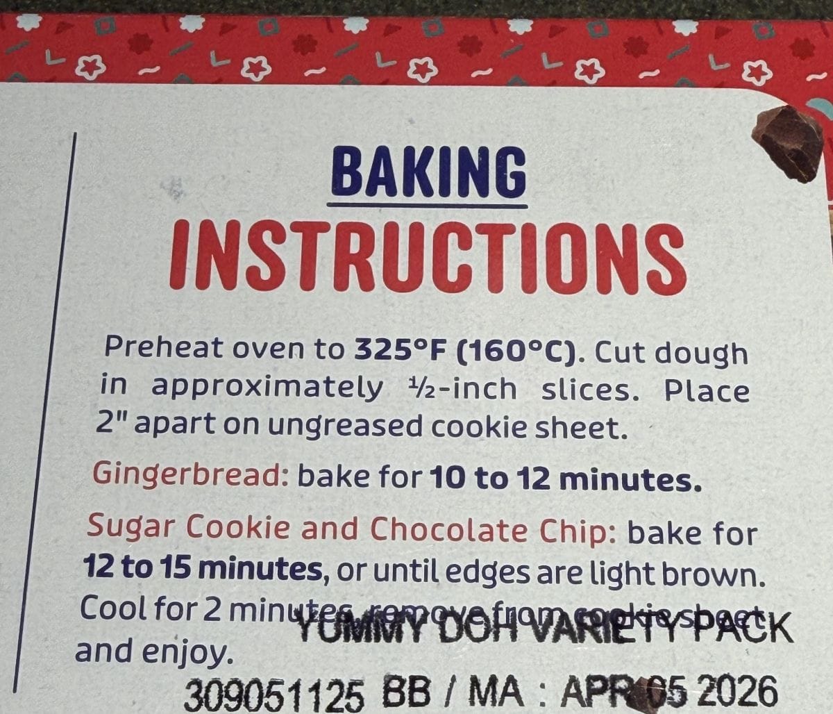 Image of the baking instructions from the back of the box.