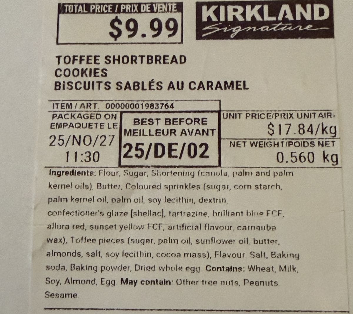 Image of the ingredients list for the shortbread cookies from the label.