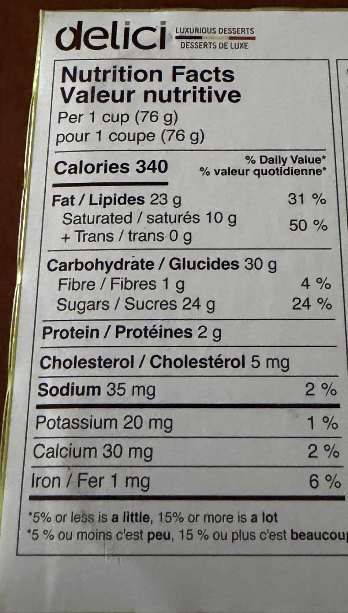 Image of the nutrition facts for the desserts from the back of the box.