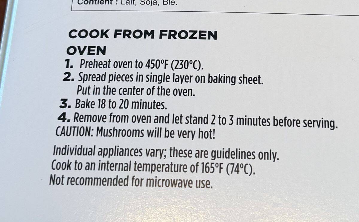 Image of the cooking instructions from the back of the box.