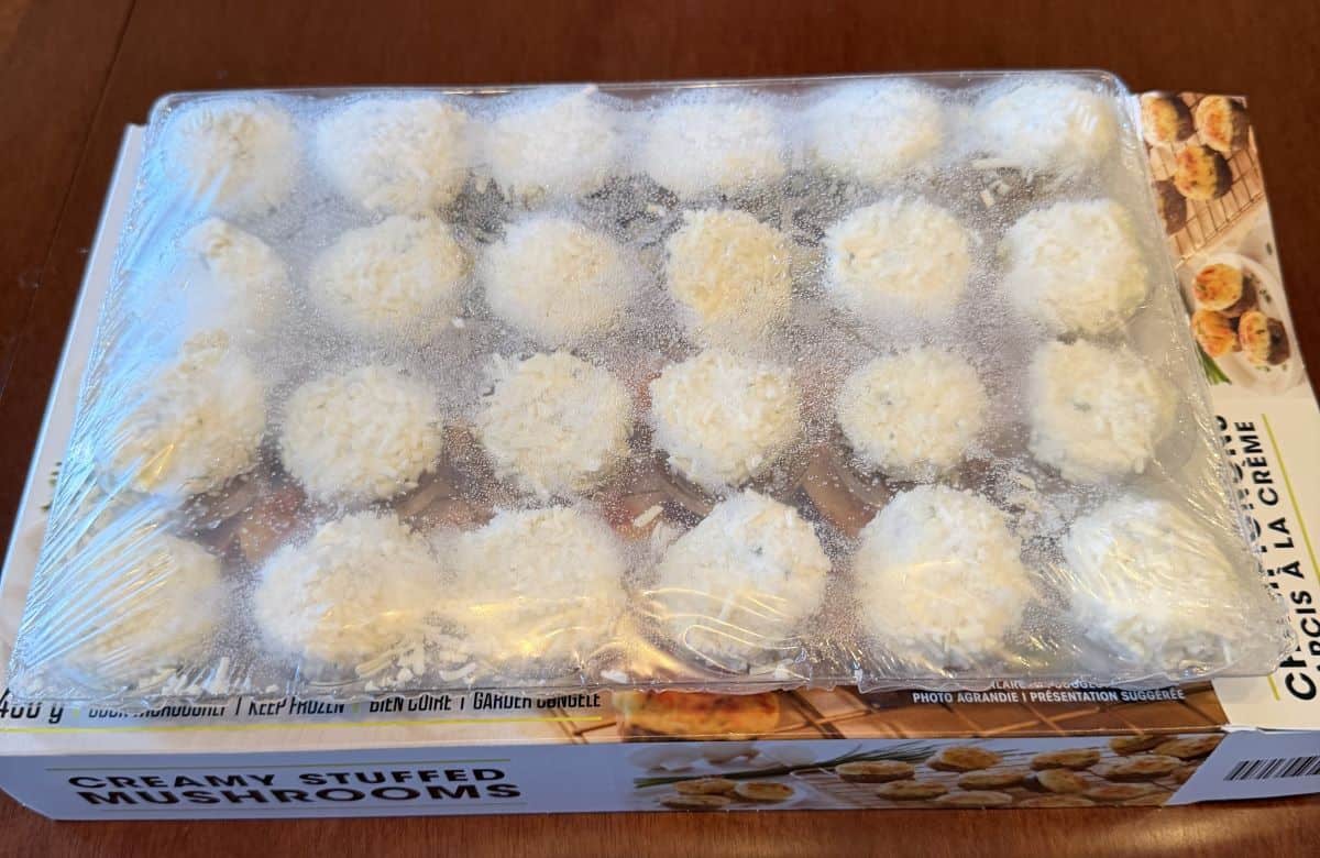 Image of 24 frozen stuffed mushrooms in plastic packaging