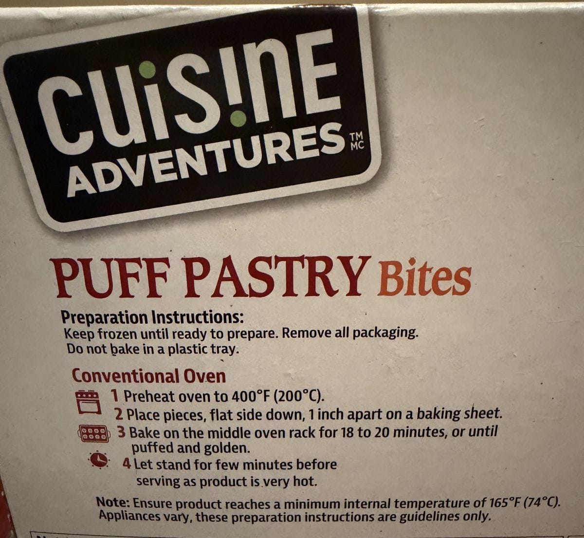 Image of the cooking directions from the back of the box.
