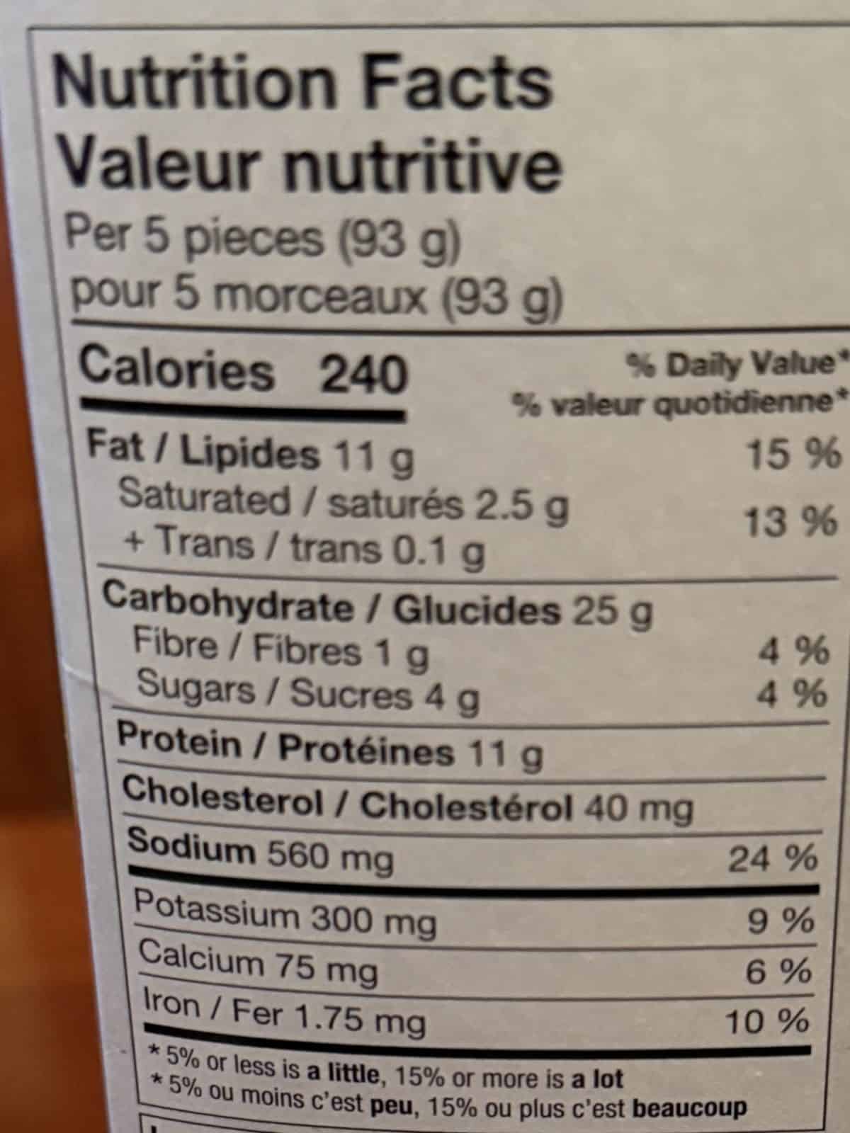 Image of the nutrition facts from the back of the box.