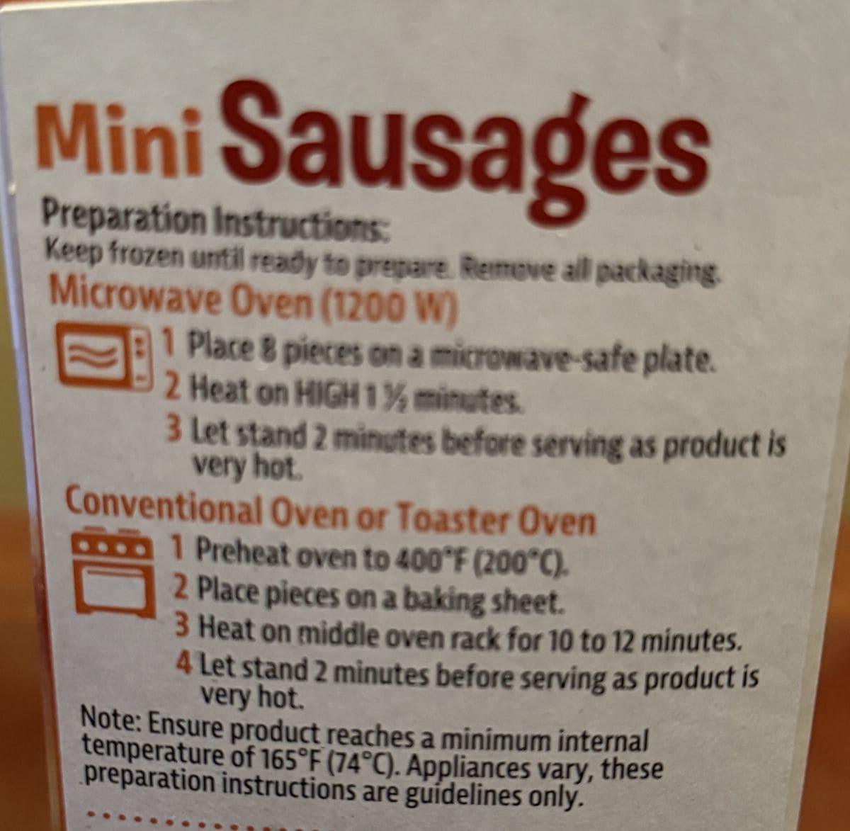Image of the cooking instructions for the mini sausages from the back of the box.
