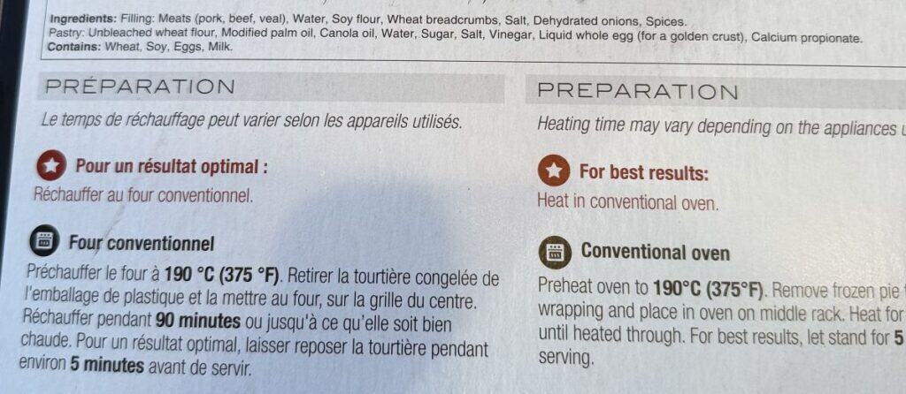Image of the ingredients for the tourtière from the back of the box.