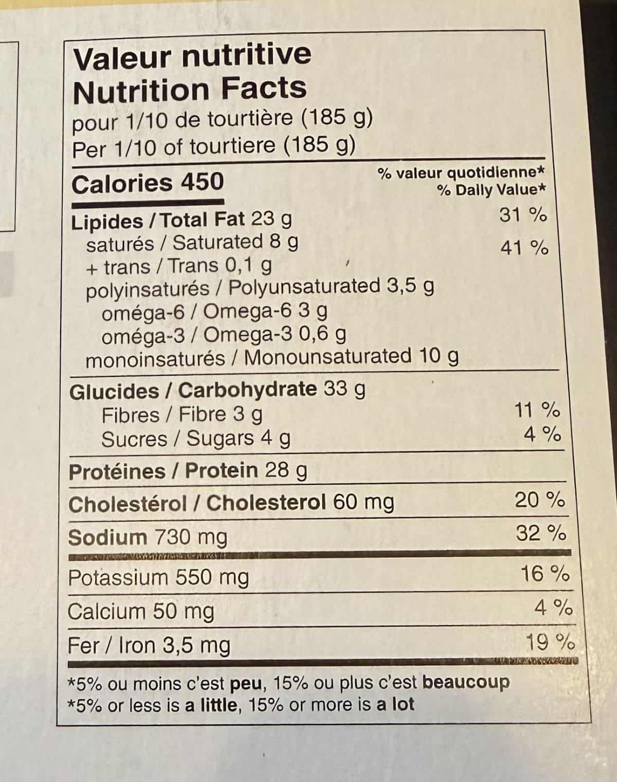 Image of the nutrition facts for the tourtière from the back of the box.