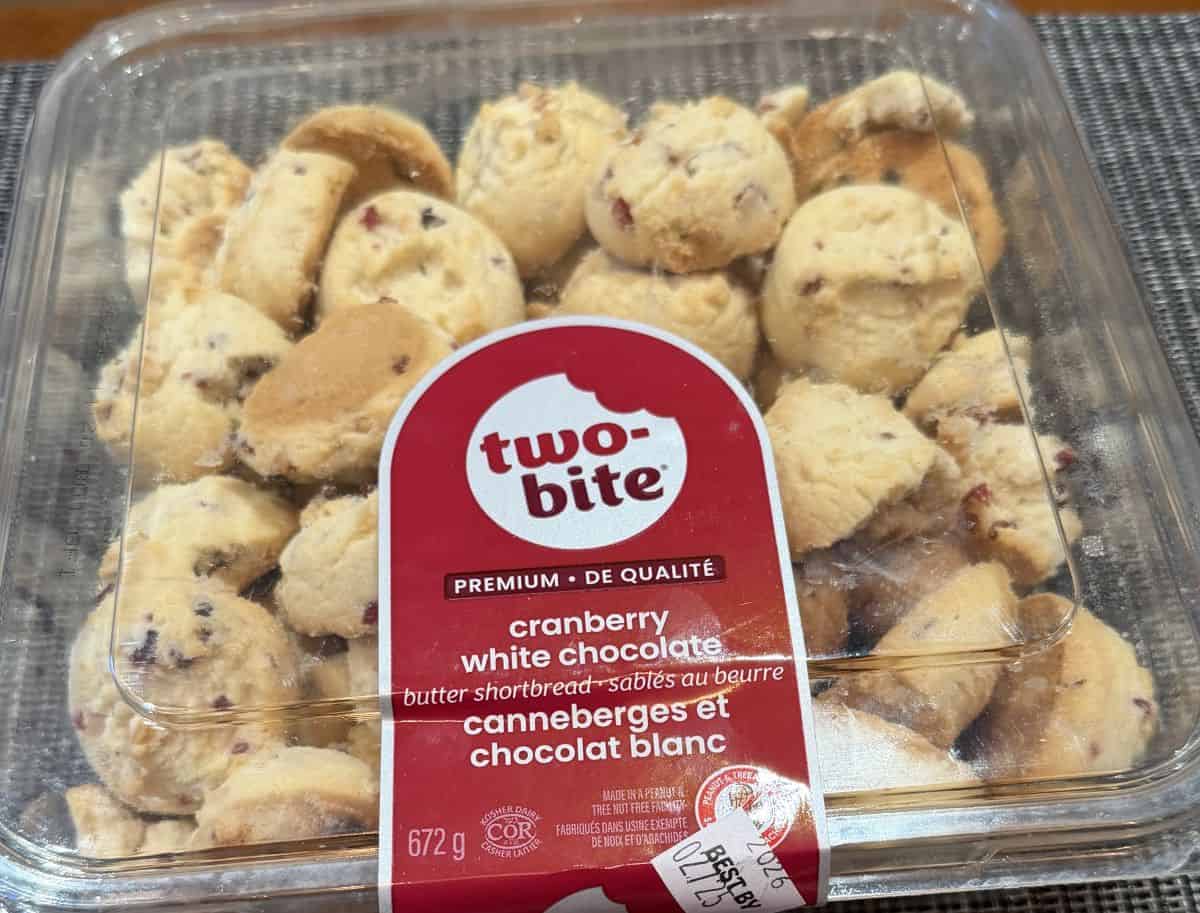 Image of the Costco Two Bite Cranberry White Chocolate Shortbread Cookies sitting on a table unopened.